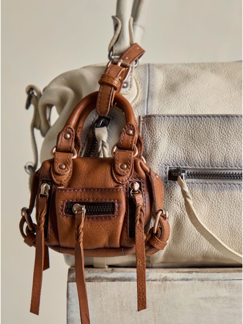 FREE PEOPLE micro Emerson Handheld Mini Leather Bag Charm in saddle Brown